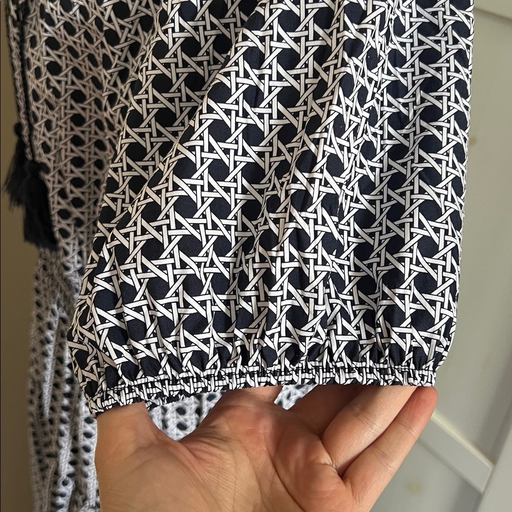 Chico’s Poplin Basket Weave Maxi Dress Smocked Tassel Blue White Chicos Size 3 - Picture 8 of 13